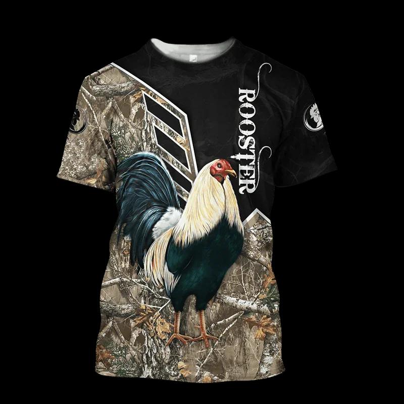 Fighting Rooster 3D Printed Round Neck T-shirt for Men, Fashionable Short Sleeved Pullover, Casual Street Harajuku Tops