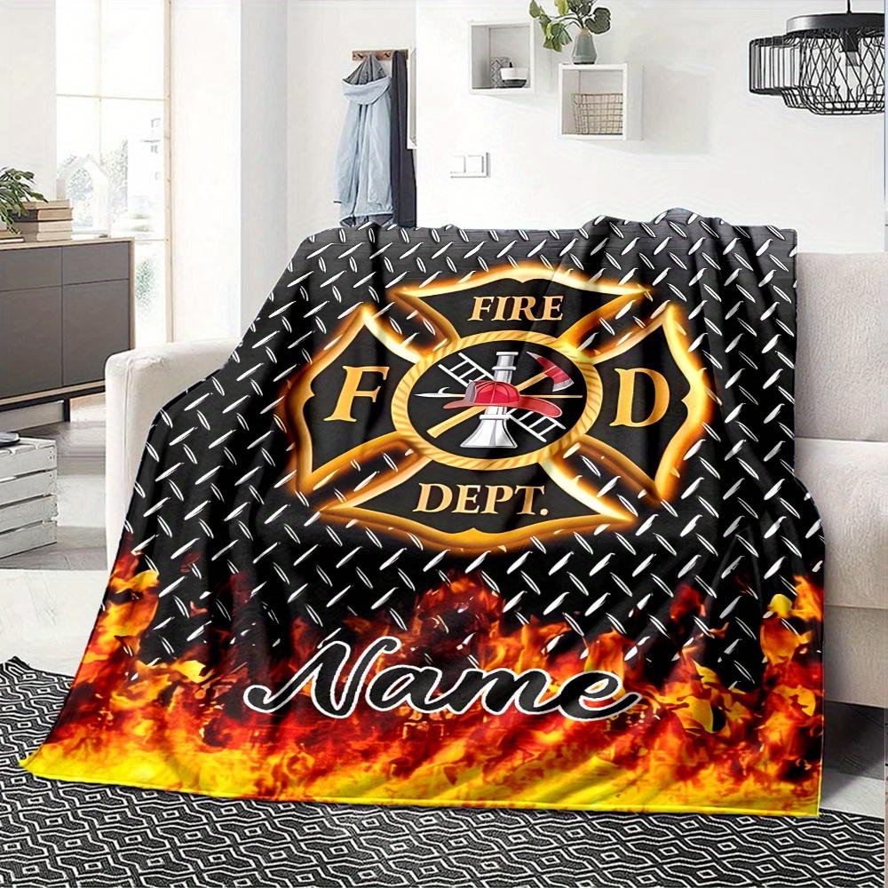 Firefighter Flames Blanket With Customizable Name Four Seasons Comfortable Shawl Blanket Suitable For Home Travel Camping Office Decoration Perfect