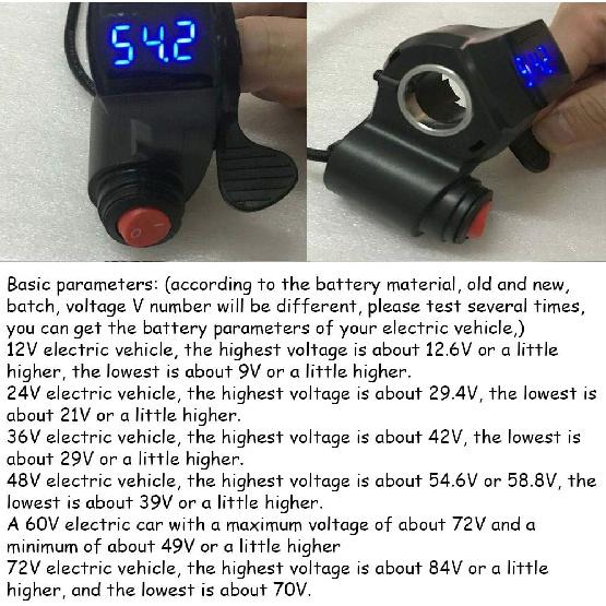KOOBOOK 1Pcs 12V-72V E-Bike Universal Thumb Throttle LED Display Voltage Black Portable Digital Grips with Power Switch for Scooter Electric Bike