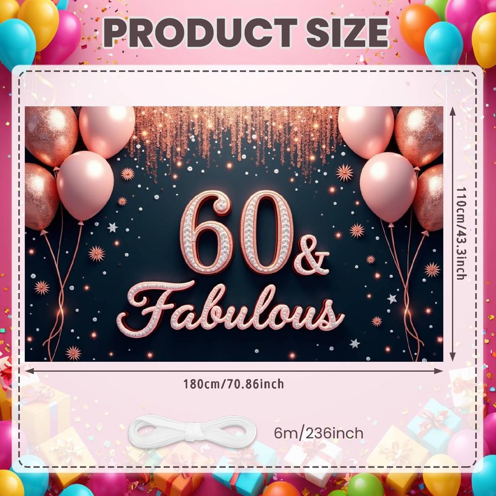60th Birthday Banner Balloon Decor Fabulous Birthday Background 60th Celebration Banner Glitter Accents For Birthday Photo