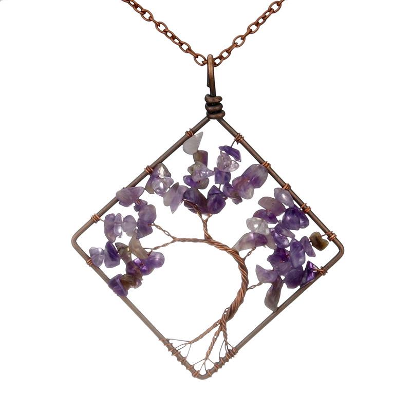Handmade Vintage Tree of Life Necklace with Wire-Wrapped Natural Crushed Stone Crystal