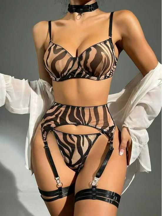 Zebra Pattern Mesh Lingerie - Sexy Three-Piece Set Available Now
