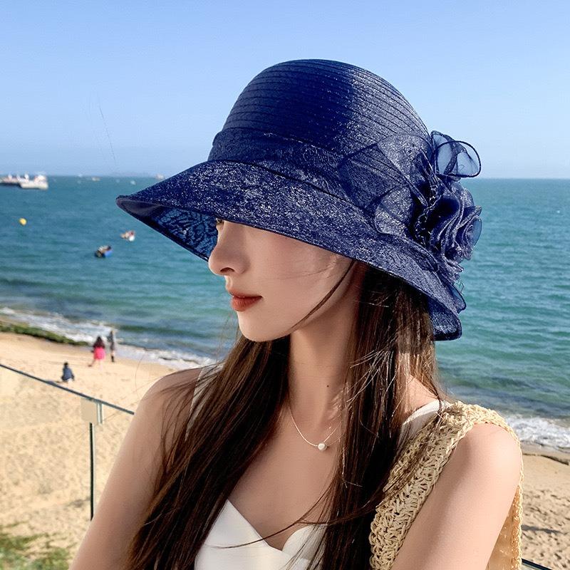 Sommar ny dam elegant organza blomkruka hatt utomhus resor skuggning solskydd cool fiskarhatt trend