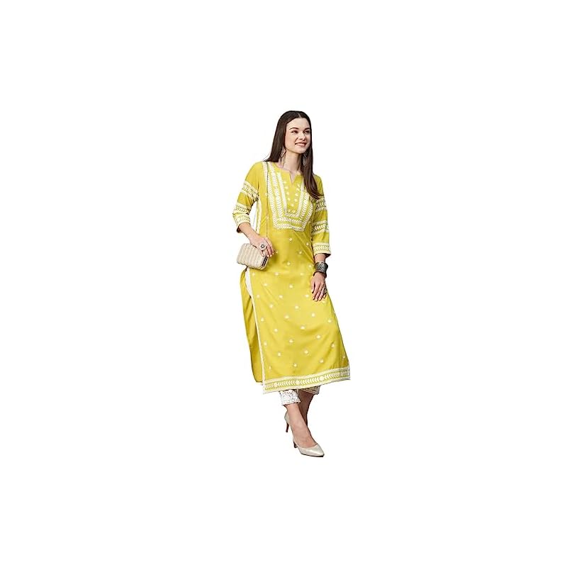 GoSriKi Women's Cotton Blend Chikankari Embroidered Straight Kurta (STHO-Yellow-GS_XL_Yellow_X-Large)