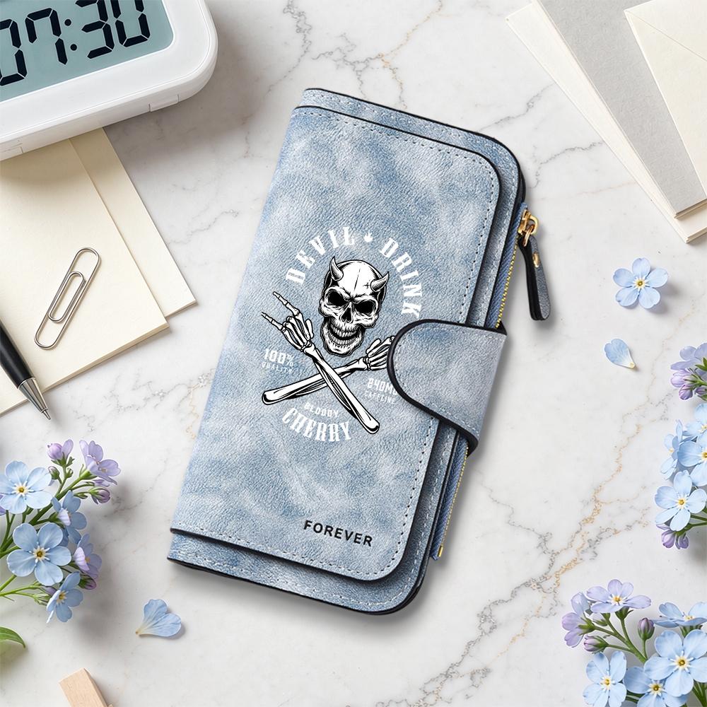 Gothic Skull Print Long Wallet Stylish Dark Style Card Holder Purse