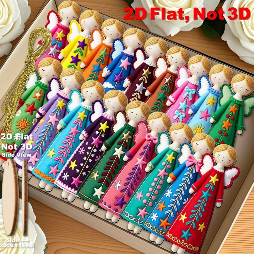 16pcs Colorful 11.94 Cm Artificial Wood Flat 2D Angel Decorations, Christmas Tree Toppers, Gift Tags, Party & Home Decorations