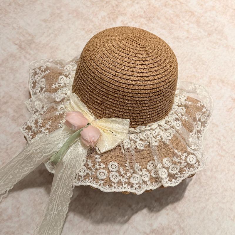French Lace Lily Bow Straw Hat Women's Summer Big Brim Sun Hat Seaside Beach Vacation Sun Hat