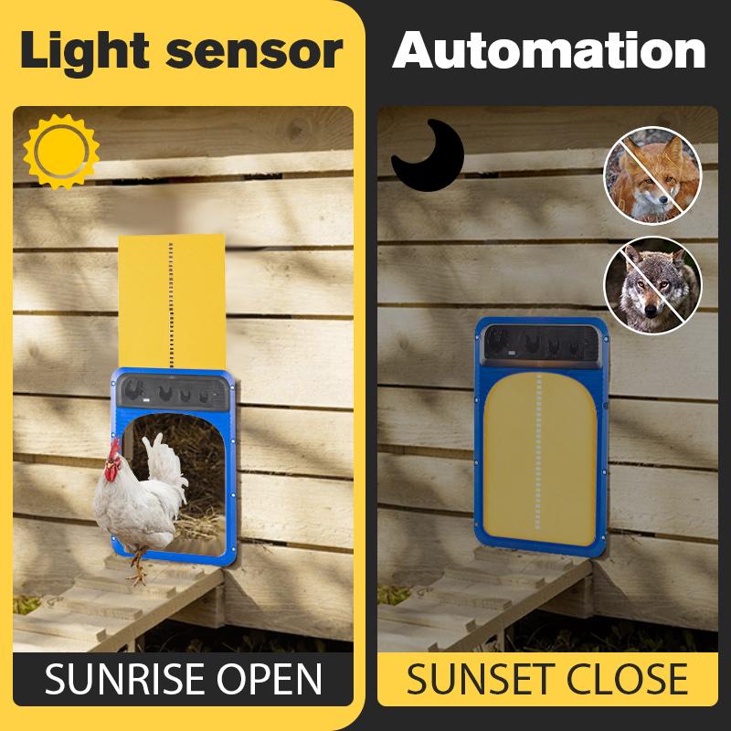 Automatische Hühnerstalltür mit Lichtsensor, wasserdicht, einfach zu installieren, elektrische Geflügelstalltür, automatisch tagsüber öffnen und nachts schließen