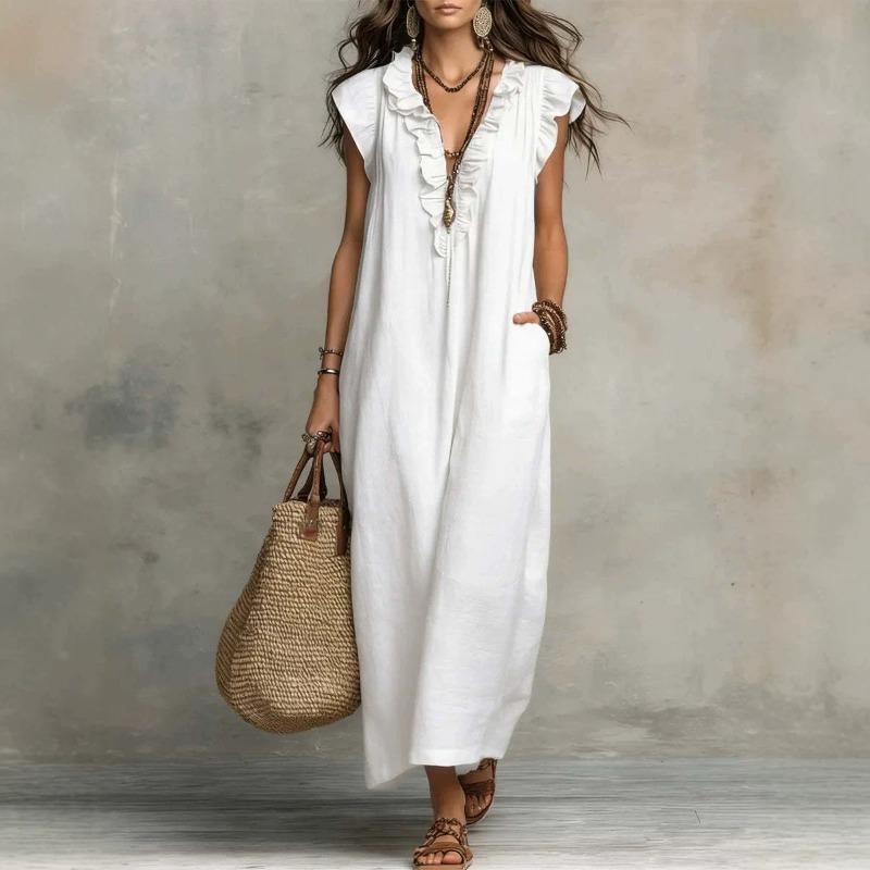Summer Women s Dress Solid Color Pleated Deep V-neck Cotton Linen Sleeveless Loose Casual Fashion Women s Dress S