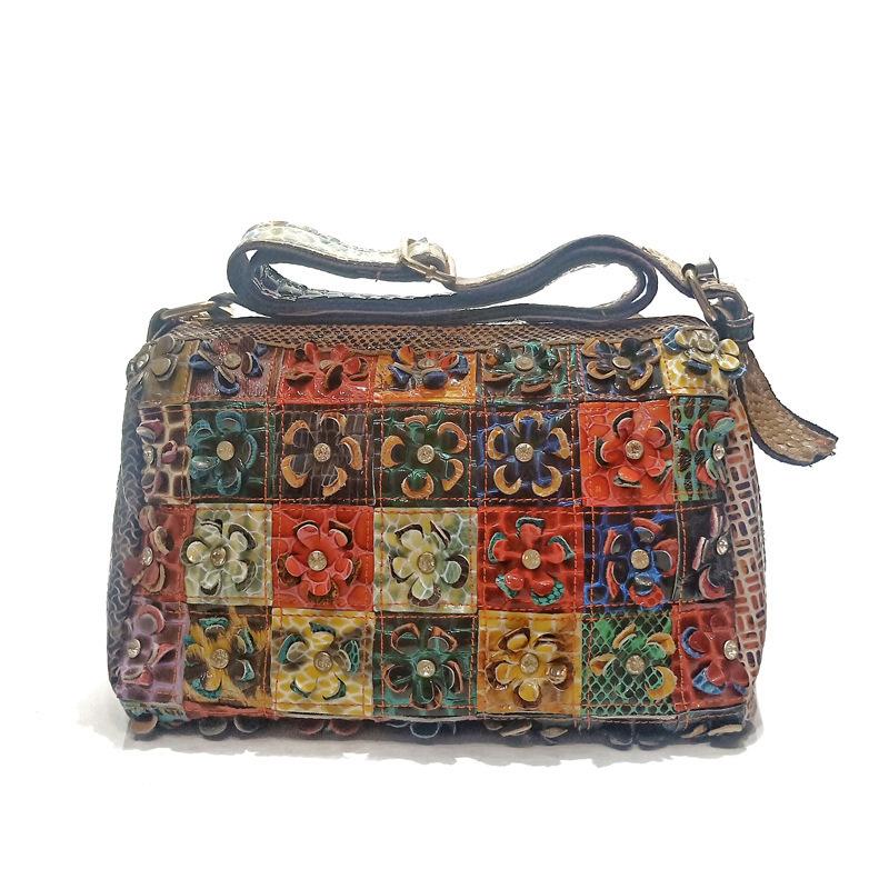 Bag Women'S Shoulder Bag Women'S Bag Casual Snake Pattern Flower Splicing Sheepskin Small Square Bag