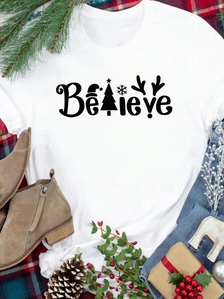 (Asian Size) Tee New Year Holiday Merry Christmas Top Festival Casual Leopard Tree Style Cute Women Print Lady Short Sleeve Fashion Graphic T-shirts