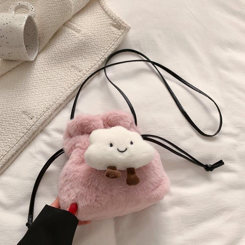 Adorable Plush Bucket Bag For Women Stylish Soft Pu Crossbody Purse In Black White Pink Khaki