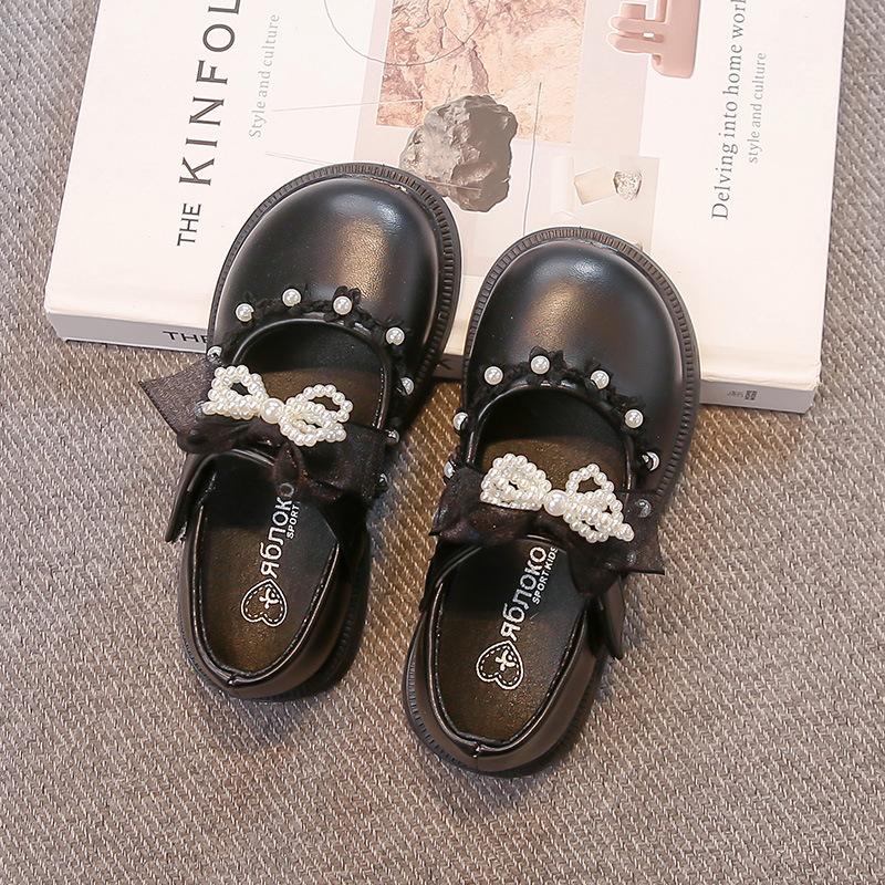 Girls leather shoes pearl bow princess shoes 2025 spring and autumn new children's single shoes student black performance shoes tide