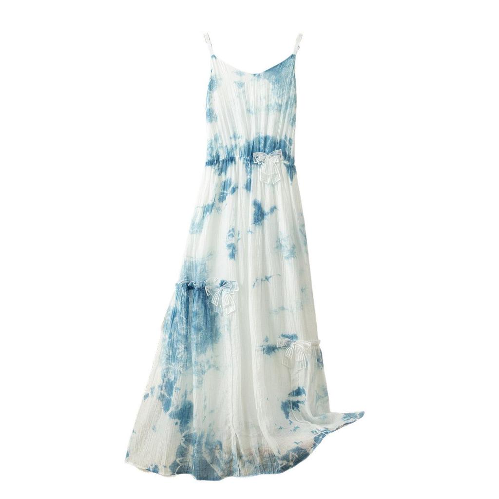 Yunnan Tie-Dye Bowknot Summer Dress – Stylish, Waist-Cinching, Slimming Vacation Wear with Spaghetti Straps