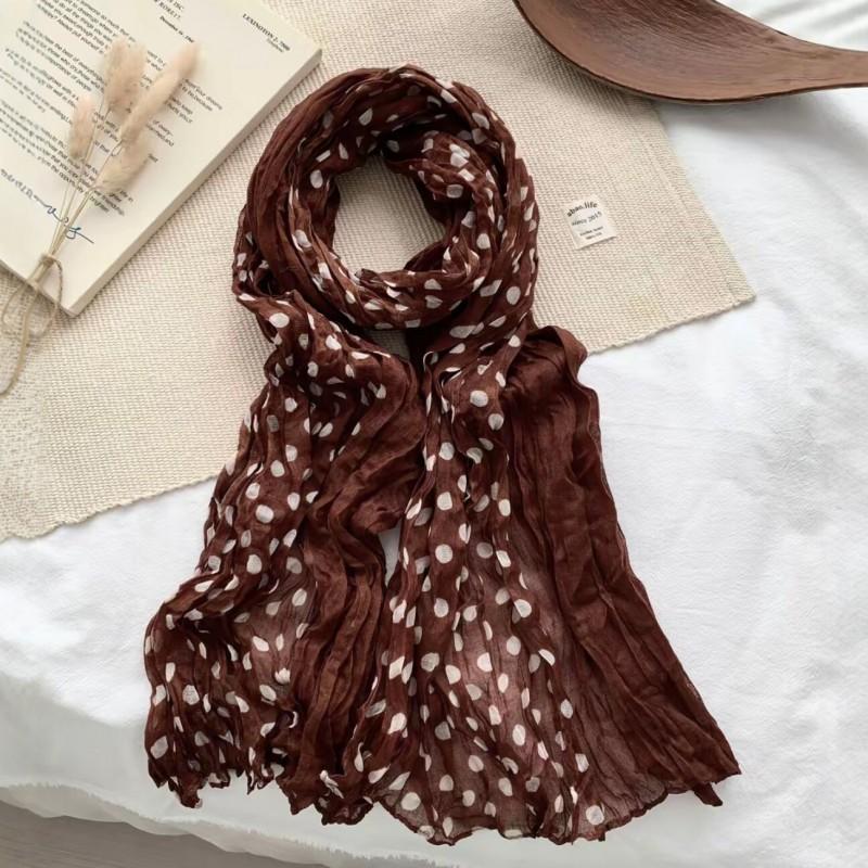 Korean Vintage Military Green Polka Dot Crinkled Scarf Women Lightweight Cotton Linen Shawl Accessory