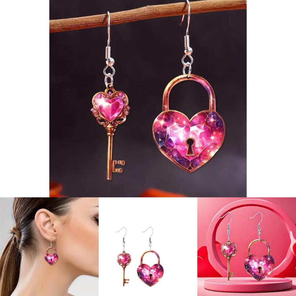 Sweet Heart Shaped Lock And Key Design Acrylic Women Pink Earrings Jewelry For All Genders