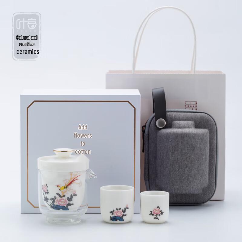 YECOH Brocade Flowers Travel Ceramic Tea Set