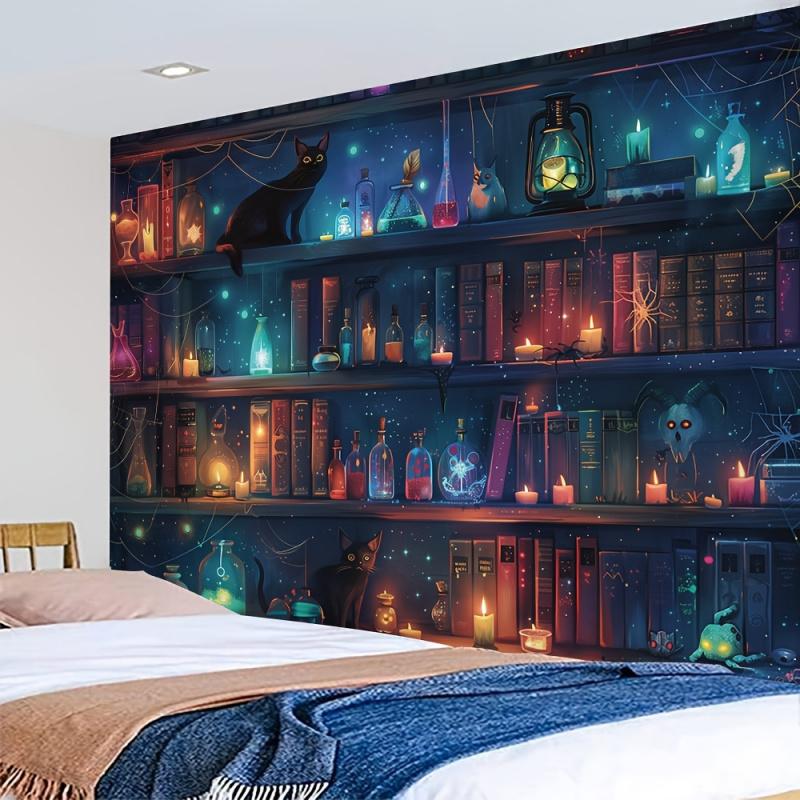 VIKAMA Magic Bookstore Cat Tapestry Retro Fantasy Starry Sky Background Bedroom Bedhead Study Room Decoration