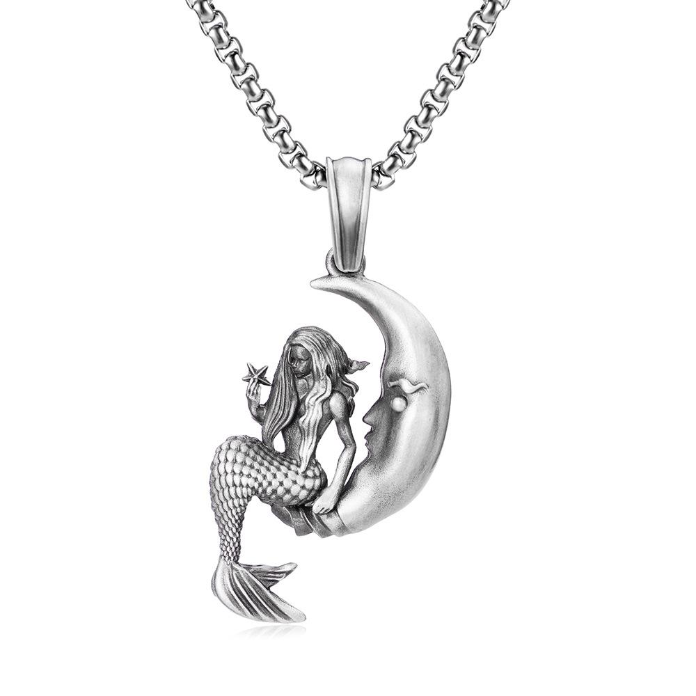 European and American Fashion Titanium Steel Necklace Mermaid Moon Star Pendant Ins Wind Fairy Tale Jewelry Men's and Women's Accessories