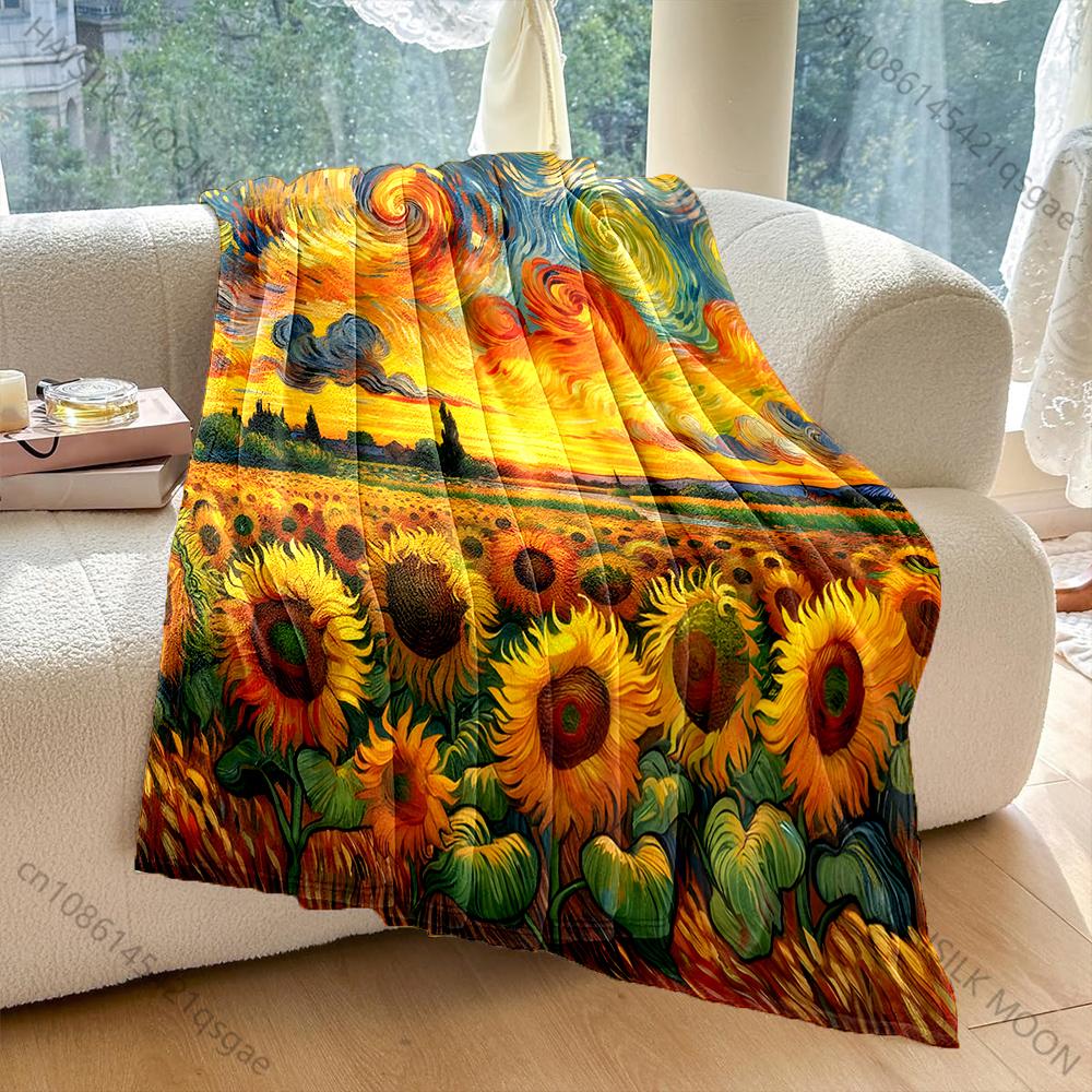 Mehrgrößen Van Gogh's Wirbelnde Sonnenblumen Muster Decke Flanell Material Weich Warm für Alle Jahreszeiten Zuhause Camping Picknicks Wohnmobil
