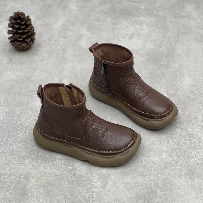 Johnature Ekte skinn Ankelstøvletter med myk såle Retro Rund tå Glidelås på siden Kvinners Flate Korte Støvletter