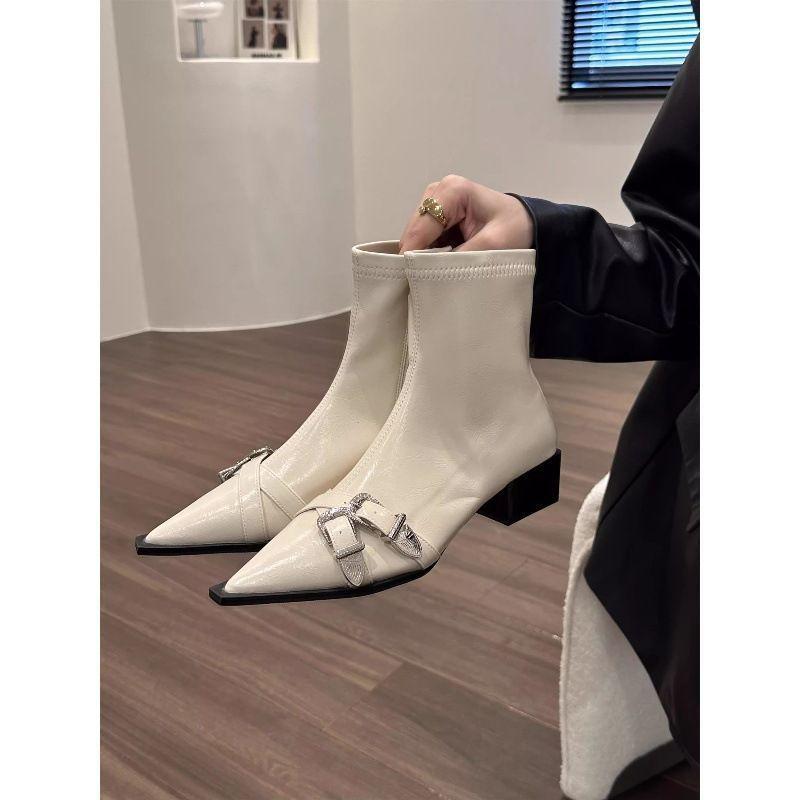 Thick heel pointed temperament thin small short boots women's shoes 2025 new super autumn and winter single boots black Martin boots