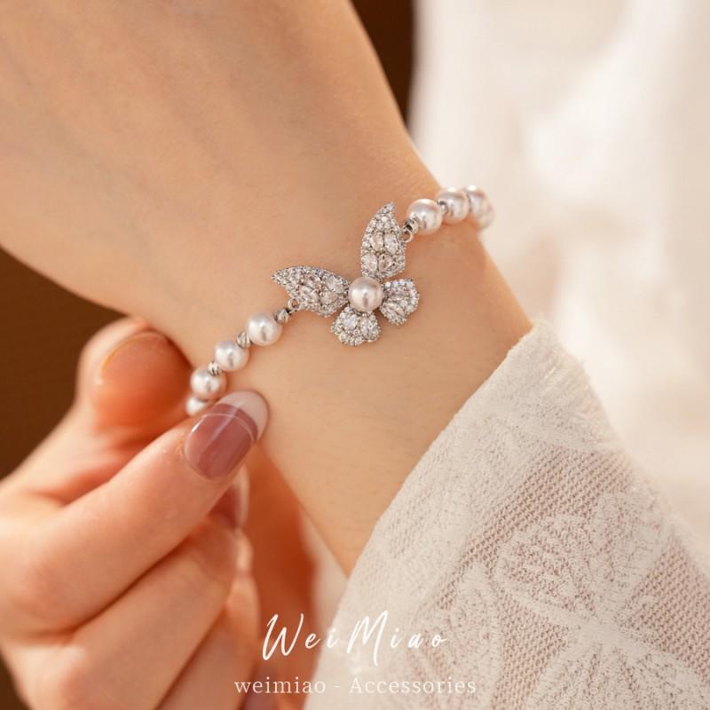 Elegant Butterfly Bracelet With Zirconia Accents Imitation Pearl Beads Pink Tone Womens Fashion Jewelry Office