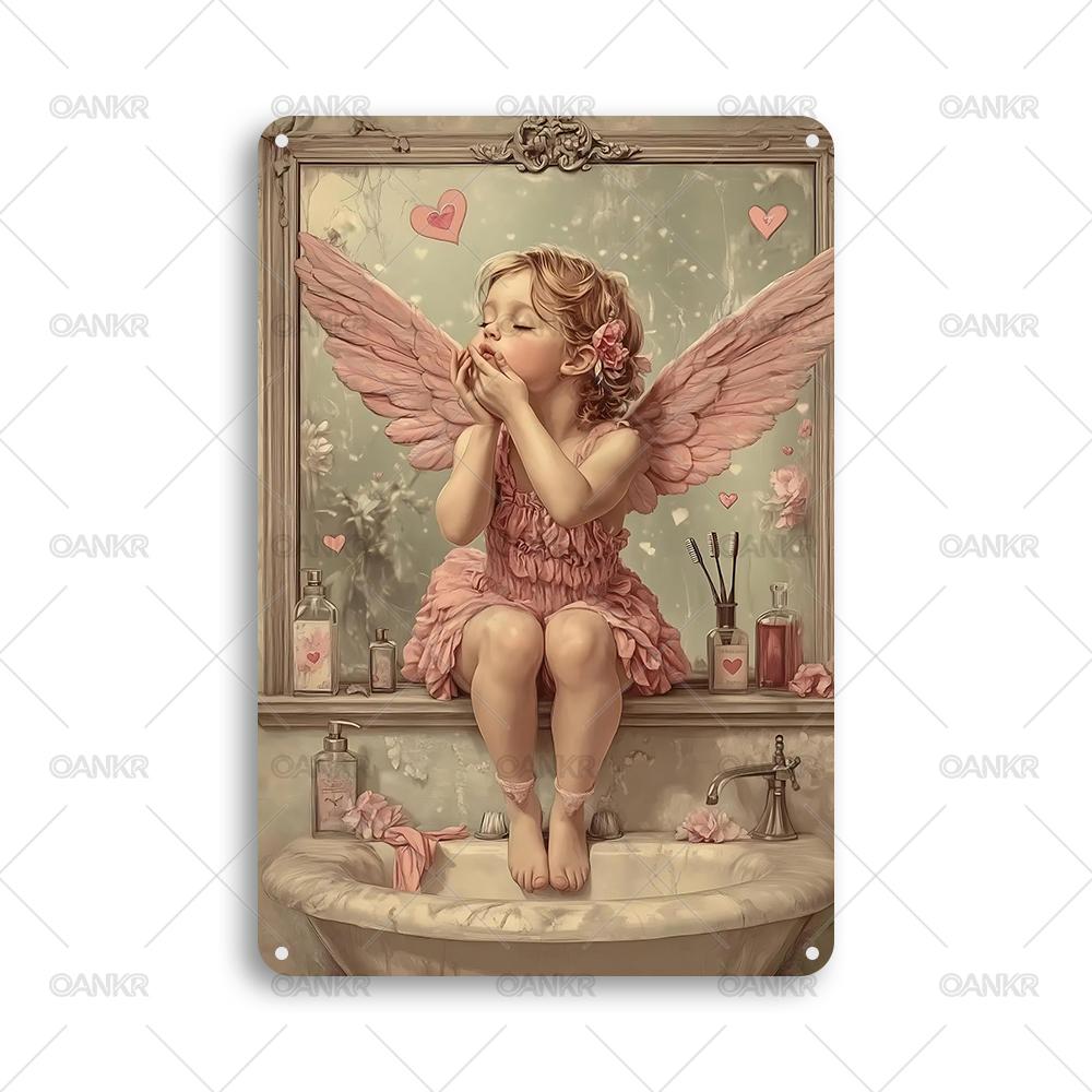 Vintage Childrens Room Sweet Decor Poster Metal Tin Sign Angel With Wings Sitting On Bench Wall Metal Signs for Home Art Decor
