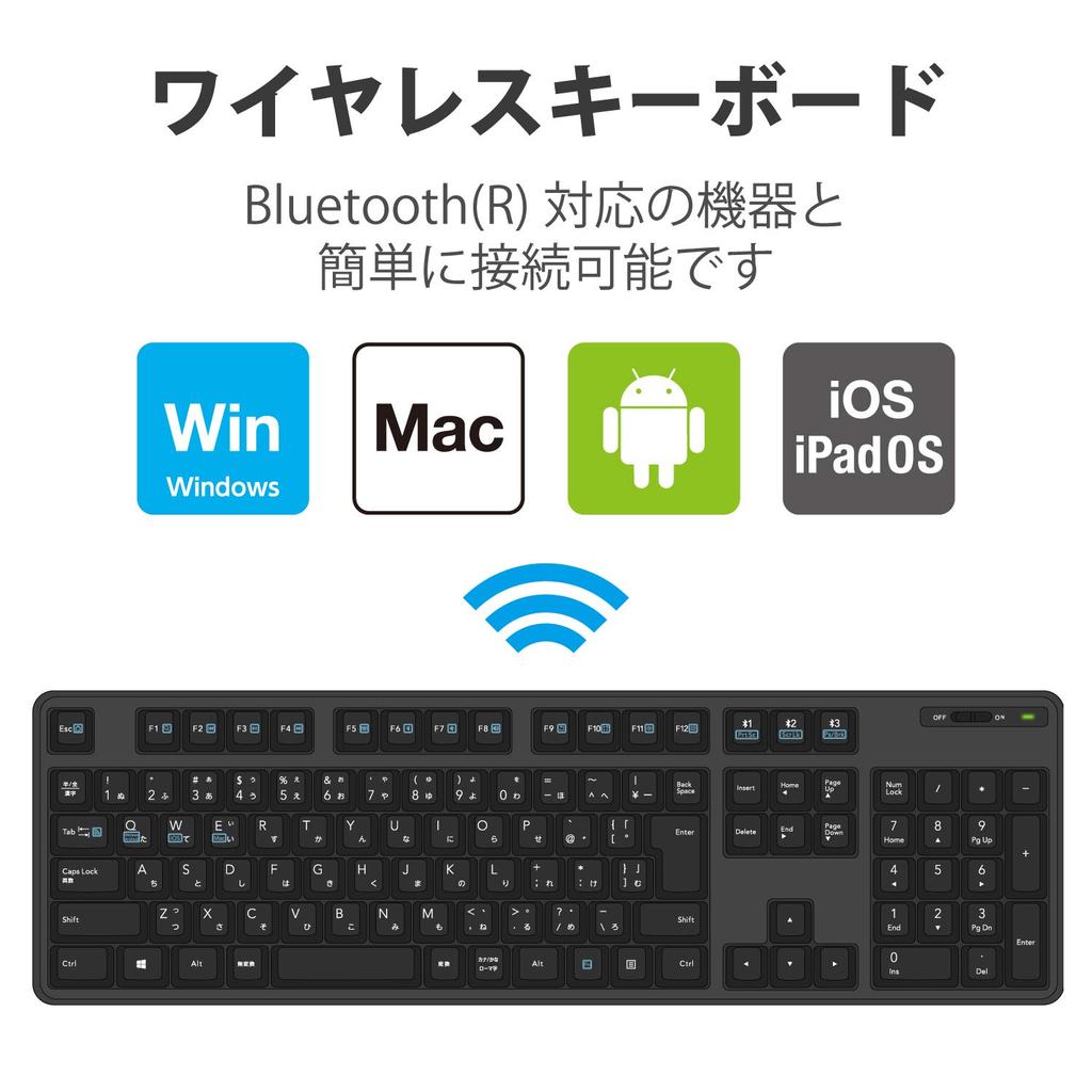 ELECOM Bluetooth Full Keyboard with Numeric Keypad, Membrane Type, with Stand, Multi-Pairing Compatible, iPad, Surface, Black, TK-FBM112BK