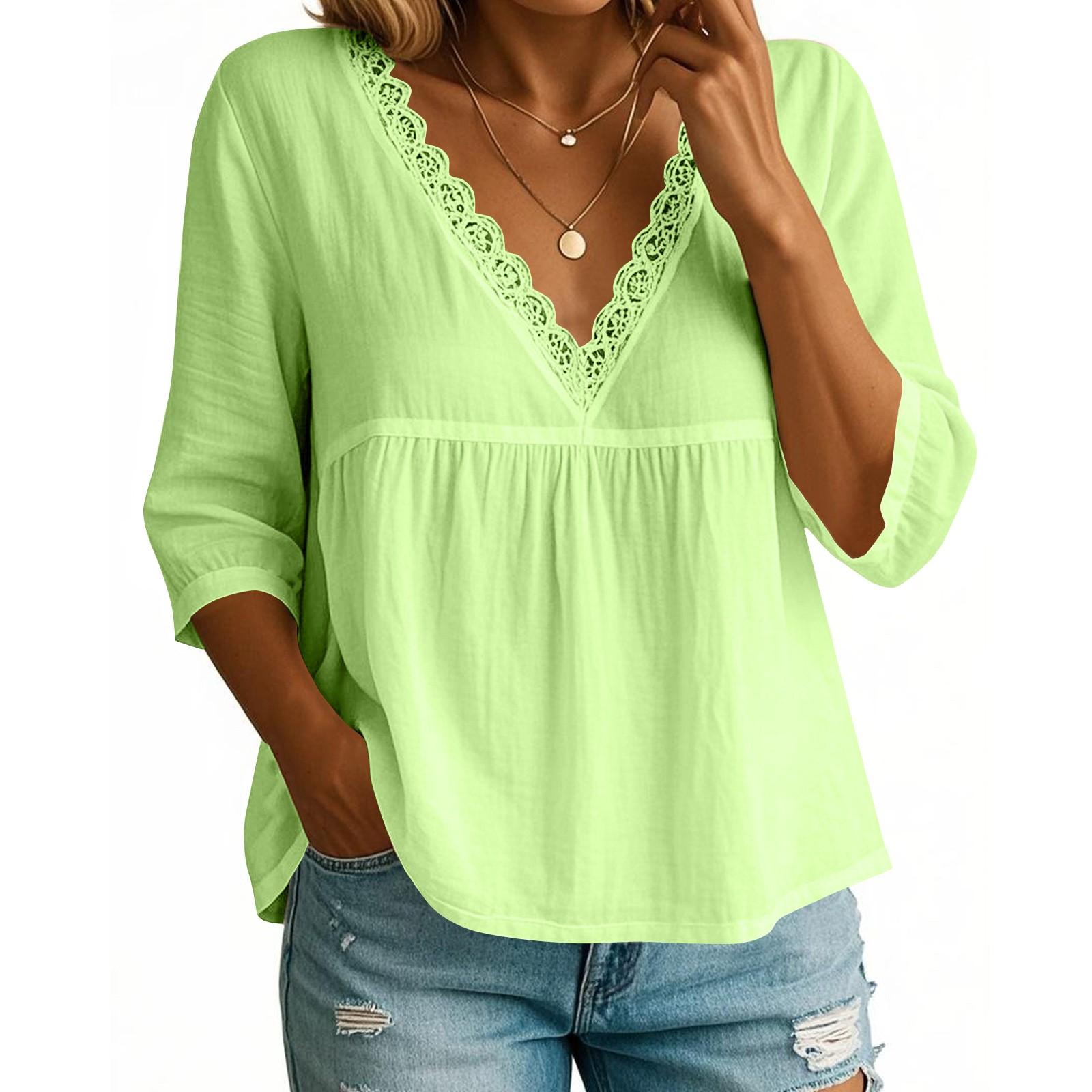 

Women s Fashionable Casual Three,quarter Sleeve Lace V,neck Pullover Shirt XL