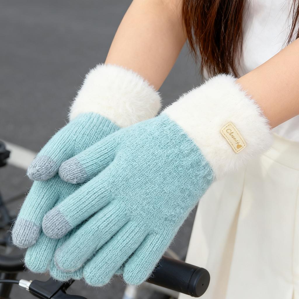 New Winter Knitted Plush Double-layer Gloves for Women Men Solid Color Touchscreen Driving Gloves Outdoor Warm Cycling Mittens