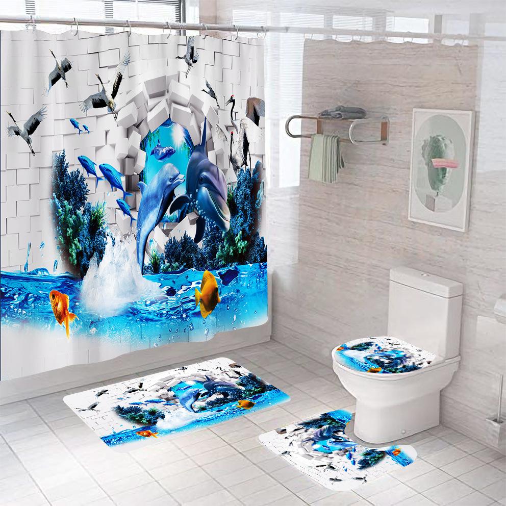 Bathroom Shower Curtain Four-piece Digital Printing Sand Underwater World Waterproof Shower Curtain Shower Curtain Partition Curtain Bath Mat