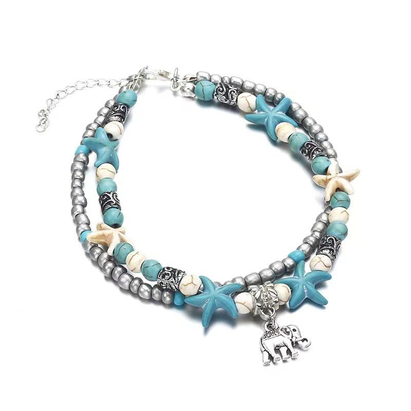 Vintage Turquoise Starfish Turtle Foot Ornaments Beach Layer Beaded Hollow Double Anklet for women Valentine's Day Gift