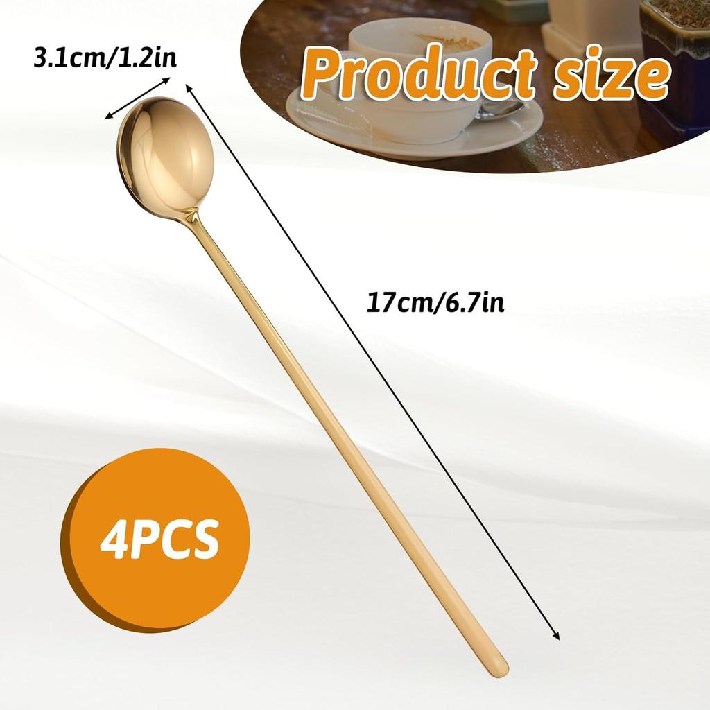 4 Pack Gold Coffee Stir Spoons for Coffee Bar Long Espresso Stirring Spoon Teaspoons Cocktail Tea Mixing Spoon 6.7 Inches Ice Stainless Steel