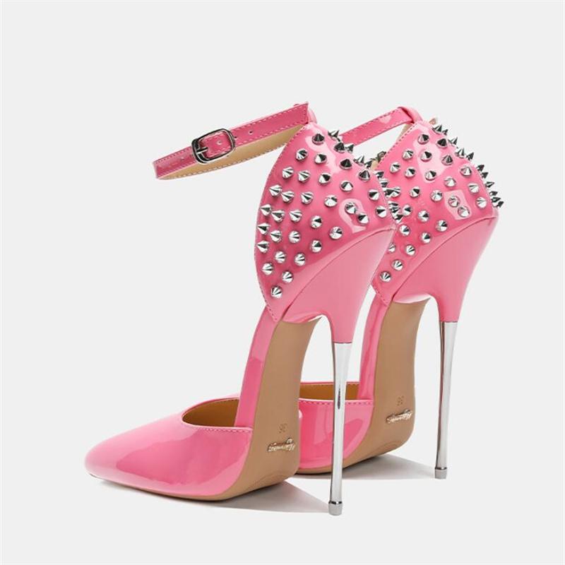 Women Rivet High Thin Heel Sandals Lady Sexy Ankle Strap Single Shoes for Nightclub Party Host Model Catwalk Pub Cross Dressing