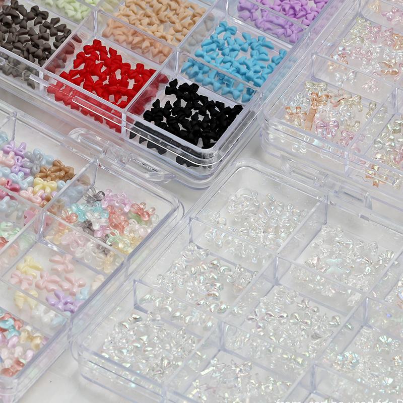 12Grids/Box Mixed Resin Bowknot Tie Ballet Ribbon Nail Charms 3D Colorful Kawaii Rhinestone Nail Art Decorations Diy Manicure