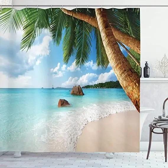 Paesaggio Marino Tenda da Bagno Doccia Tenda da Doccia Tropicale Oceano Spiaggia Foglia di Palma Lavabile Tende da Bagno Tessuto in Poliestere Decorazione per la Casa