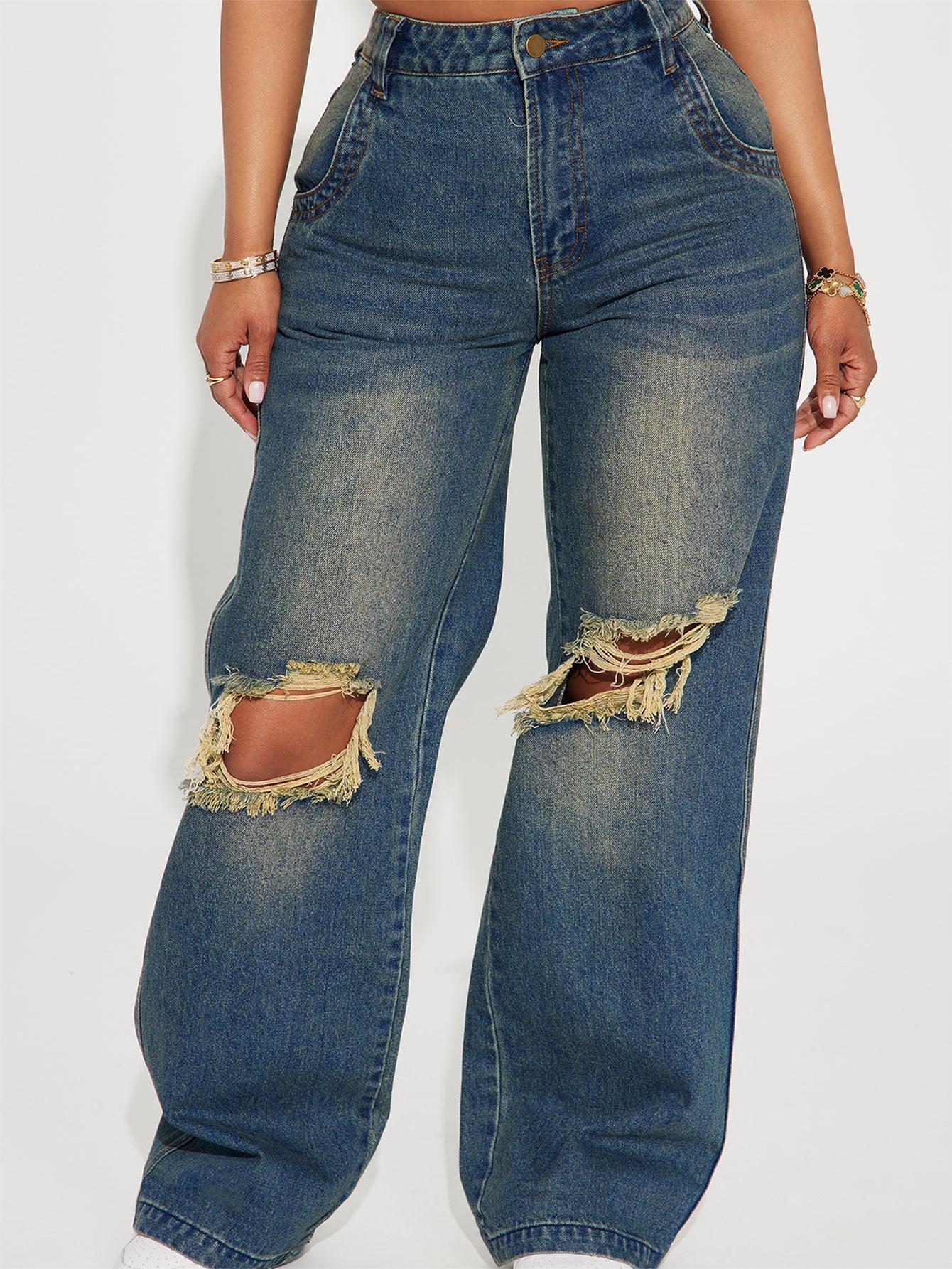 Women s Y2K Retro Wide-Leg Ripped Denim Pants L морской синий