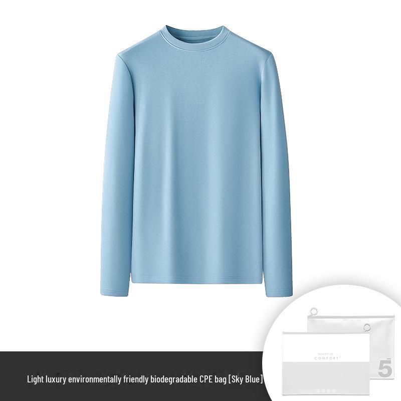 Men's Warm Double-Faced Fleece Tencel Top: Thickened, Velvet, Round-Neck, Solid Color, Perfect for Autumn and Winter.