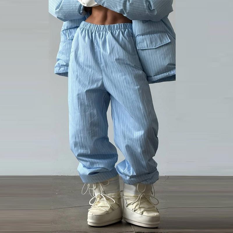 Casual Print Women Coats Pants Set Thicken Hooded Zippers Lace Up Coat Wide Leg Trousers Winter Lady Streetwear
