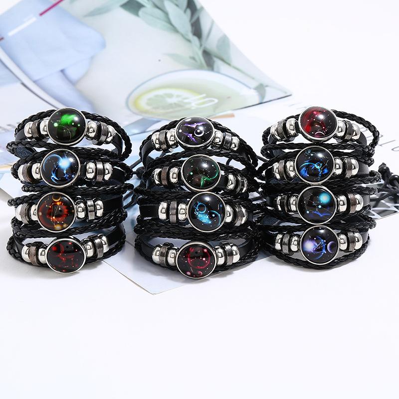 Cross-Border Hot-Selling Beaded 12 Zodiac Leather Bracelets, Popular Couple Gifts, Luminous Twelve Zodiac Starry Sky Bracelets