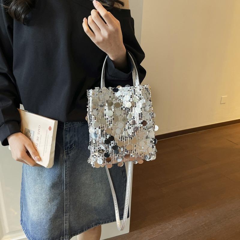 Women Sequined Bucket Handbag Retro Fashion Daily Commute Crossbody Shoulder Bag