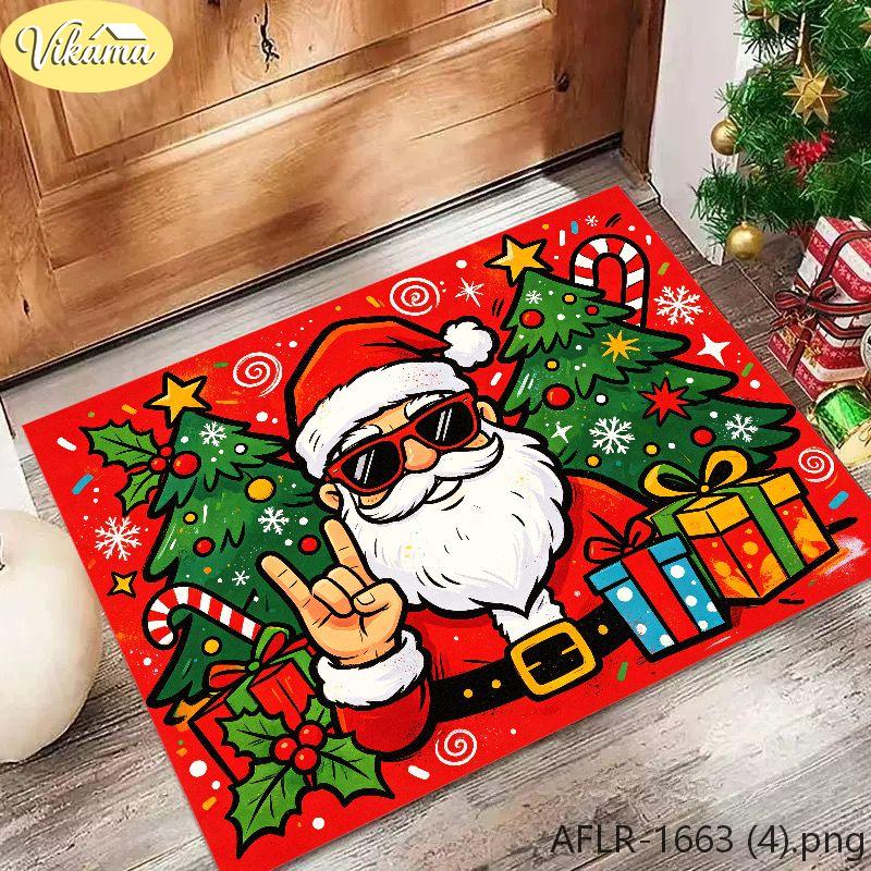 Graffiti Christmas Welcome Doormat, Rock ‘n’ Roll Santa Design Doormat, Non-Slip, Washable Entryway Rug, Home Decor