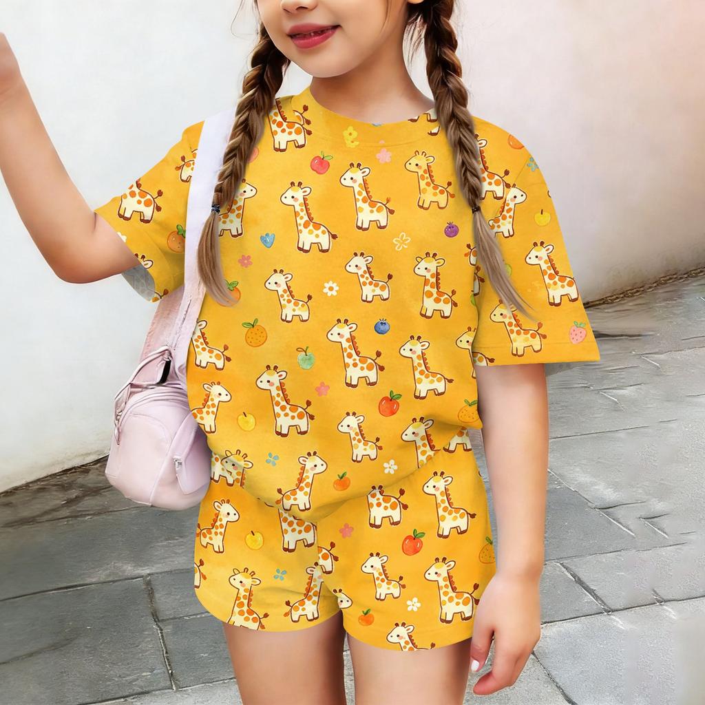 Kids Casual Short Sleeve Top and Shorts Set Animal Print Summer Outfit Lightweight Comfortable Breathable Fabric for Boys and Girls