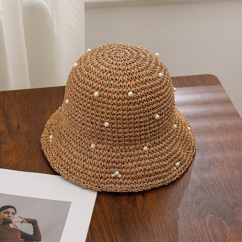 Summer Outdoor Sunshade Hat for Women, Hollowed Out Breathable Straw Woven Bucket Hat, High-end Pearl Fisherman Hat
