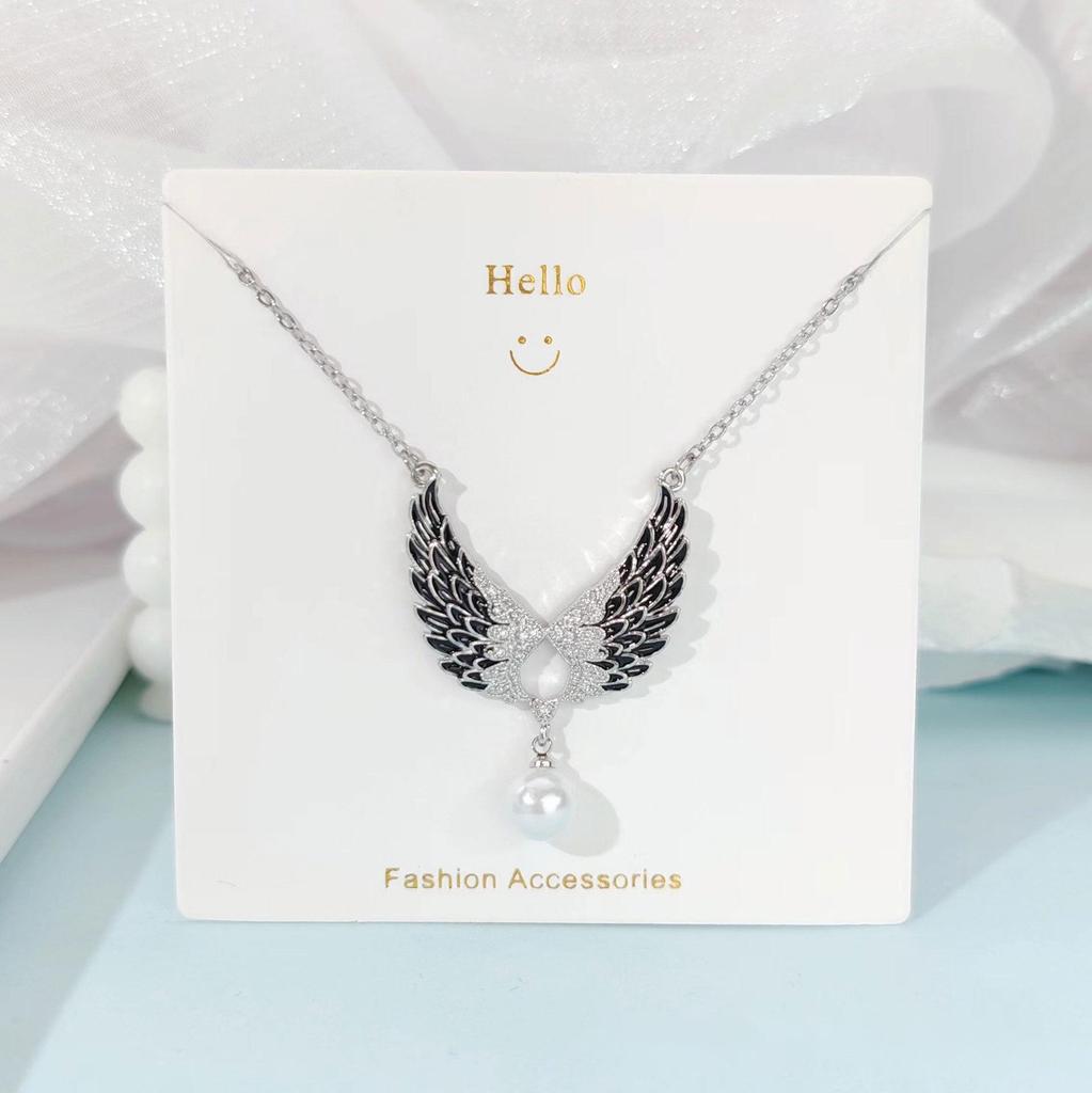 Angel's Wings Pearl Titanium Steel Necklace with Copper Pendant - Exquisite Women's Luxury Clavicle Chain Jewelry