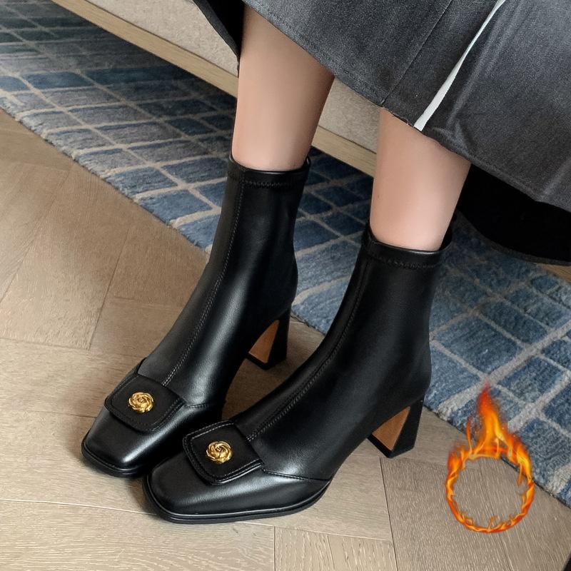 French Heeled Booties Vintage Square Toe Camellia Skinny Boots Women's Single Boots