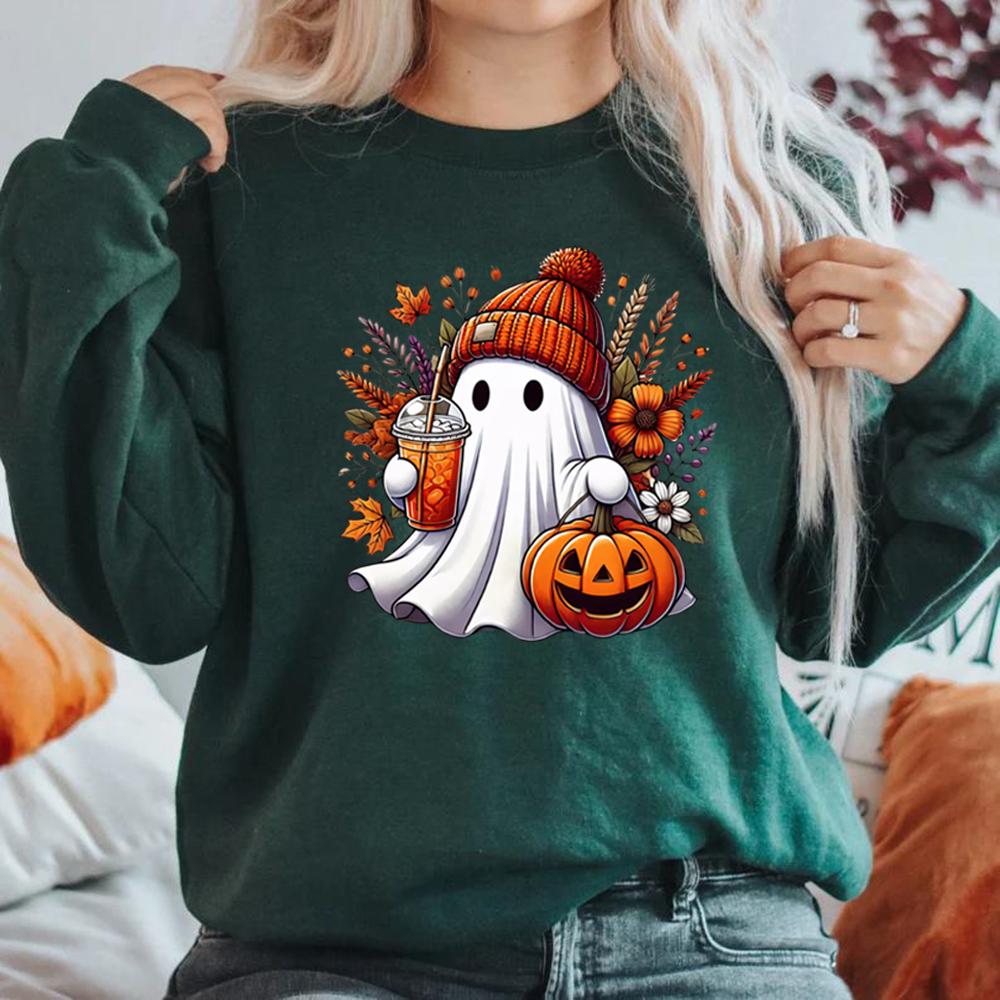 Halloween Cute Ghost Sweatshirt Halloween Pumpkin Spice Sweatshirt Women's Sweater Spooky Season Sweater Trick or Treat Pullover