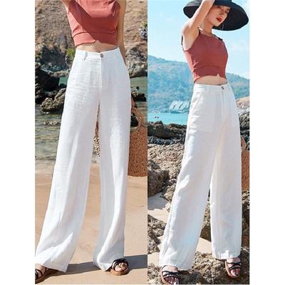 Damen Baumwoll-Leinen Hose mit hohem Bund und weitem Bein - Sommer Casual, lockere Passform, gerader Fall