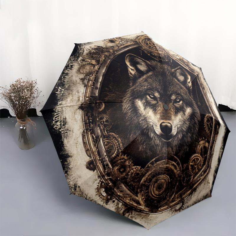 Gear Wolf pattern, automatic folding umbrella, portable and foldable design, 8 ribs, a Christmas or birthday gift.